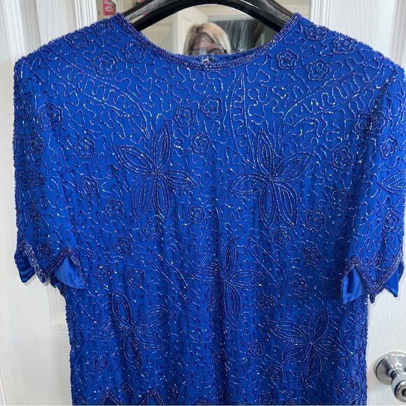 BRILLIANTE by J.A. Vintage Short sleeve cobalt blue formal gown with beading- 1X - Picture 3 of 15